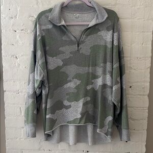 AERIE Green and Gray Camouflage Quarter-Zip Pullover